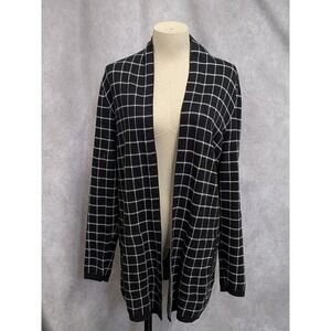 Lands End Womens Black White Windowpane Plaid Open Front Cardigan Sweater Medium